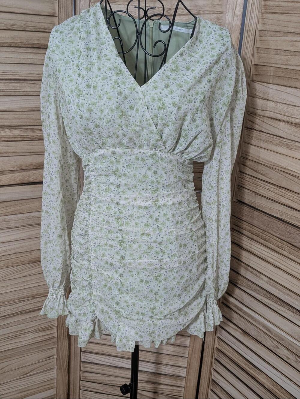 MS Studio Sheer Sleeve Mini Dress Green Floral size XS Spring